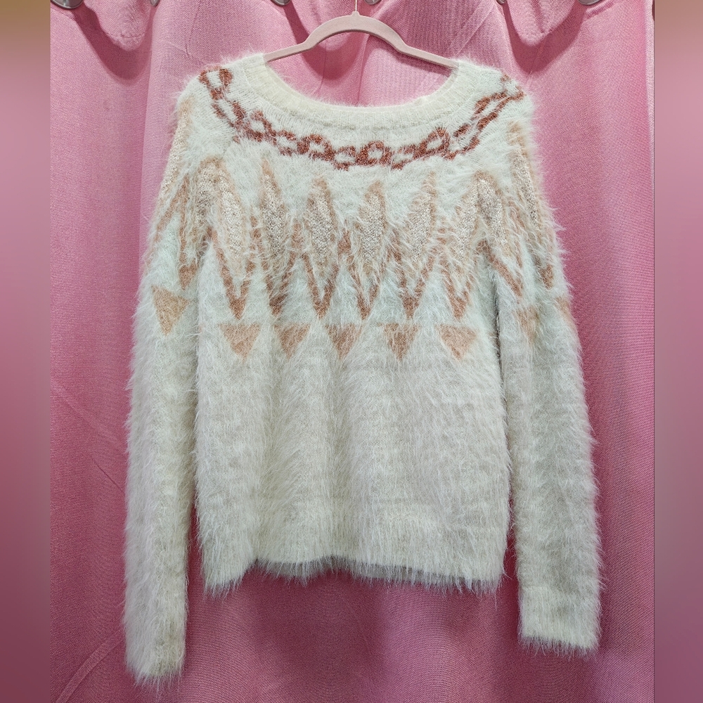 Lauren Conrad LC Ivory/Salmon/Sienna Fuzzy Sweater Sz S